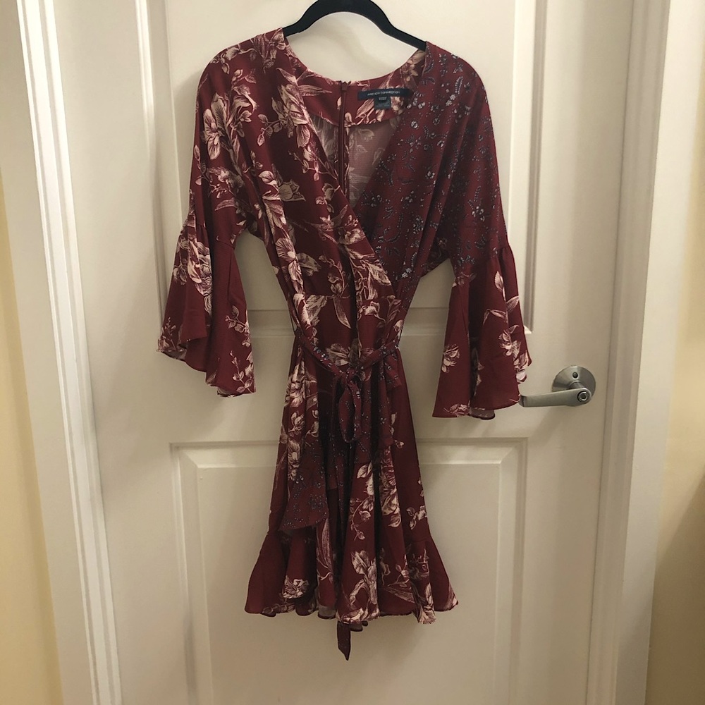 French Connection red floral wrap dress frilly